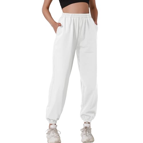 HAPYWER Jogginghose Damen Baumwolle Sporthose High Waist Lässige Loose Sweathose mit Taschen Gym Trainingshose Oversize Sporthose Zweifarbig Freizeithose（Weiß，2X von HAPYWER