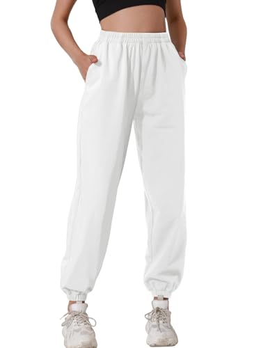 HAPYWER Jogginghose Damen Baumwolle Jogger Lang Sweathose Baggy Lässige Hose mit Taschen Sweatpants Oversize Sporthose Weit Casual S-XXL(A-weiß-0,XL) von HAPYWER