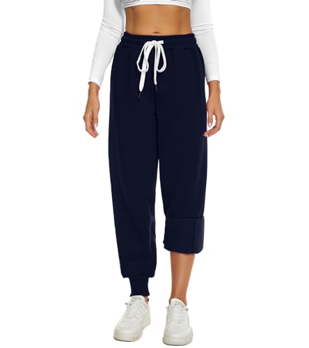 HAPYWER Jogginghose Damen Baumwolle Warme Sporthose High Waist Weit Sweathose mit Taschen Loungehose für Winter S-XXL(Navy Blau,M) von HAPYWER