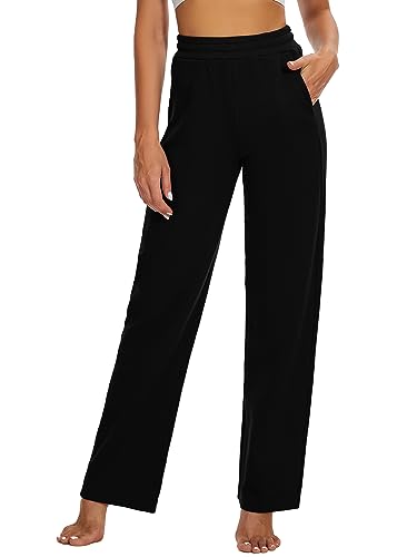 HAPYWER Jogginghose Damen Baumwolle mit Taschen Yogahose Lang Sporthose Tall Freizeithose High Waist Sweathose Weites Bein Bequem Schlafanzughosen (Schwarz,S) von HAPYWER