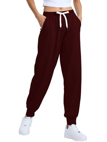 HAPYWER Jogginghose Damen Lang Sporthose Frauen Baumwolle Sweatpants Slim Fit Freizeithose High Waist Trainingshose mit Taschen(Bordeauxrot,M) von HAPYWER