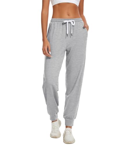 HAPYWER Jogginghose Damen Lang Sporthose Frauen Baumwolle Sweatpants Slim Fit Freizeithose High Waist Trainingshose mit Taschen(HeidekrautGrau,L) von HAPYWER