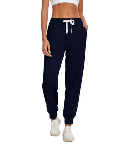 HAPYWER Jogginghose Damen Lang Sporthose Frauen Baumwolle Sweatpants Slim Fit Freizeithose High Waist Trainingshose mit Taschen(Navyblau,L) von HAPYWER