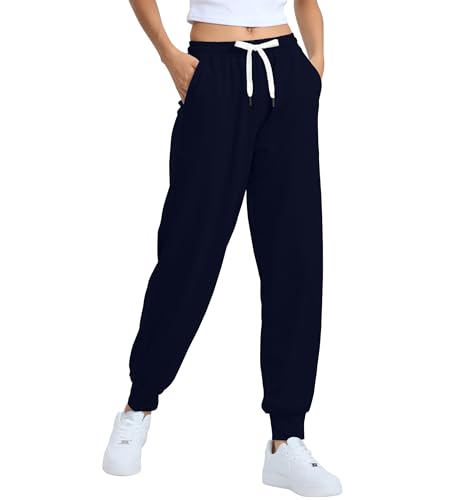 HAPYWER Jogginghose Damen Lang Sporthose Frauen Baumwolle Sweatpants Slim Fit Freizeithose High Waist Trainingshose mit Taschen(Navyblau,M) von HAPYWER