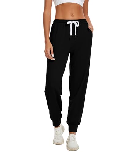 HAPYWER Jogginghose Damen Lang Sporthose Frauen Baumwolle Sweatpants Slim Fit Freizeithose High Waist Trainingshose mit Taschen(Schwarz,M) von HAPYWER