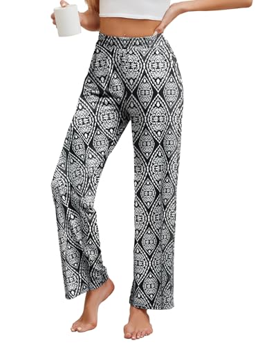 HAPYWER Jogginghose Damen Lange Hose Gerades Bein Haremshose luftig Lang Yogahose Locker Schlupfhose mit Tasche(Flower57,S) von HAPYWER