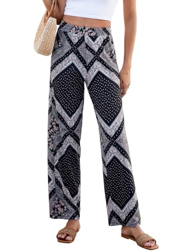 HAPYWER Jogginghose Damen Lange Hose Gerades Bein Haremshose luftig Lang Yogahose Locker Schlupfhose mit Tasche(Geometrische Muster-Schwarz,L) von HAPYWER