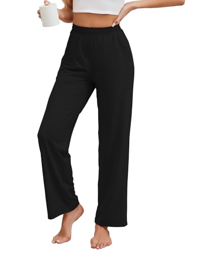 HAPYWER Jogginghose Damen Lange Hose Gerades Bein Haremshose luftig Lang Yogahose Locker Schlupfhose mit Tasche(Schwarz,S) von HAPYWER