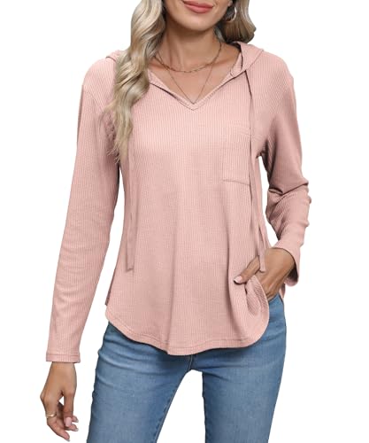 HAPYWER Hoodie Damen Langarm Pullover mit Kapuze V Ausschnitt Sweatshirt Locker Casual Oberteile S-XXL(Dunkelrosa,L) von HAPYWER