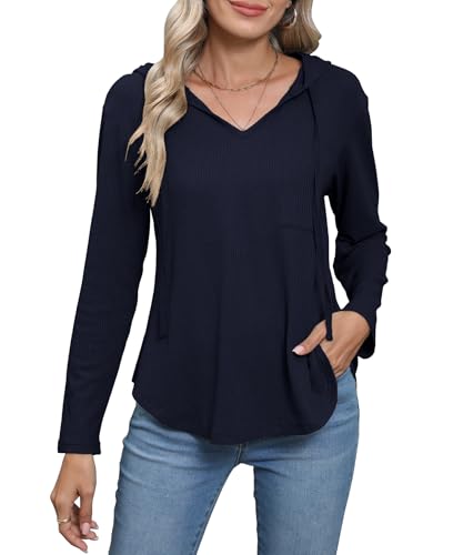 HAPYWER Hoodie Damen Langarm Pullover mit Kapuze V Ausschnitt Sweatshirt Locker Casual Oberteile S-XXL(Marineblau,L) von HAPYWER