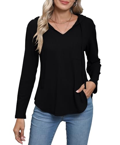 HAPYWER Hoodie Damen Langarm Pullover mit Kapuze V Ausschnitt Sweatshirt Locker Casual Oberteile S-XXL(Schwarz,M) von HAPYWER