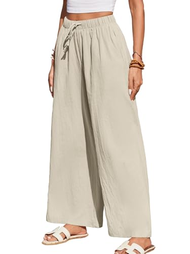 HAPYWER Leinenhose Damen Weites Bein Sommerhose Leichte Freizeithose Lang Stoffhose High Waist mit Gummizug Palazzo Strandhose mit Taschen(Apricot,XL) von HAPYWER