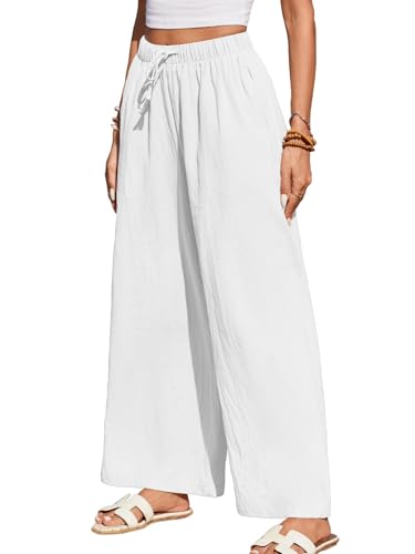 HAPYWER Leinenhose Damen Weites Bein Sommerhose Leichte Freizeithose Lang Stoffhose High Waist mit Gummizug Palazzo Strandhose mit Taschen(Beige,XL) von HAPYWER