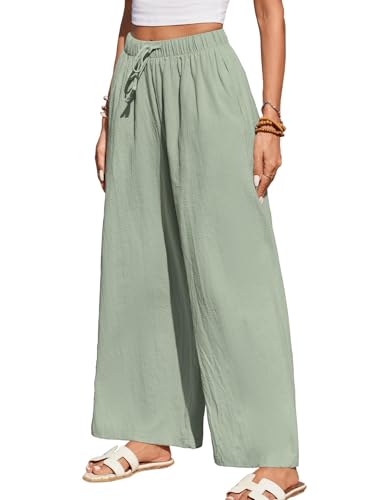 HAPYWER Leinenhose Damen Weites Bein Sommerhose Leichte Freizeithose Lang Stoffhose High Waist mit Gummizug Palazzo Strandhose mit Taschen(HellGrün,XXL) von HAPYWER
