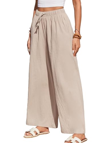 HAPYWER Leinenhose Damen Weites Bein Sommerhose Leichte Freizeithose Lang Stoffhose High Waist mit Gummizug Palazzo Strandhose mit Taschen(Khaki,XL) von HAPYWER