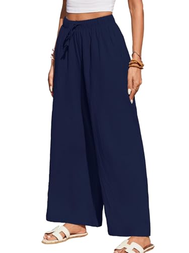 HAPYWER Leinenhose Damen Weites Bein Sommerhose Leichte Freizeithose Lang Stoffhose High Waist mit Gummizug Palazzo Strandhose mit Taschen(Marineblau,M) von HAPYWER