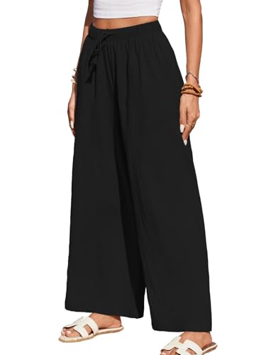 HAPYWER Leinenhose Damen Weites Bein Sommerhose Leichte Freizeithose Lang Stoffhose High Waist mit Gummizug Palazzo Strandhose mit Taschen(Schwarz,M) von HAPYWER