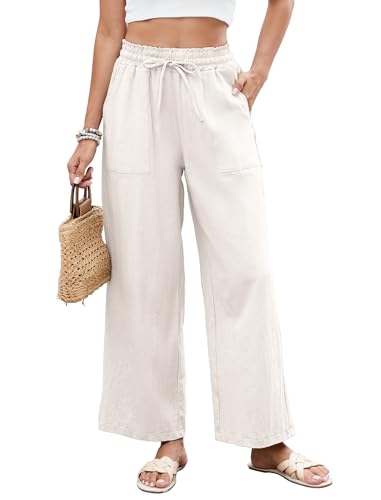 HAPYWER Leinenhose Damen Weites Bein Sommerhose Leichte Strandhose Palazzo Hose Lang Stoffhose High Waist mit Gummizug Palazzo Strandhose mit Taschen(Aprikose,L) von HAPYWER