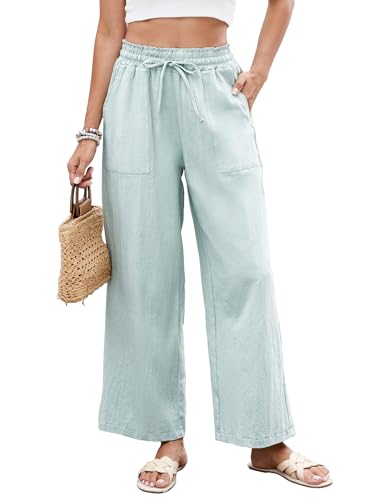 HAPYWER Leinenhose Damen Weites Bein Sommerhose Leichte Strandhose Palazzo Hose Lang Stoffhose High Waist mit Gummizug Palazzo Strandhose mit Taschen(HellGrün,M) von HAPYWER