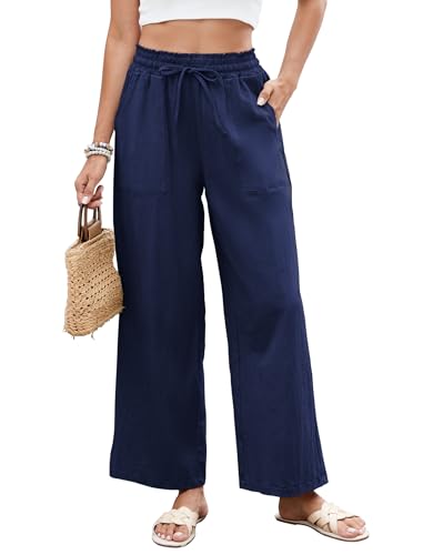HAPYWER Leinenhose Damen Weites Bein Sommerhose Leichte Strandhose Palazzo Hose Lang Stoffhose High Waist mit Gummizug Palazzo Strandhose mit Taschen(Navy Blau,XXL) von HAPYWER