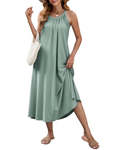 HAPYWER Maxi Sommerkleid Lässig Damen Strandkleid Lang mit Taschen Bikini Cover Up Kleid luftig Urlaub Strandponcho (Graugrün,S) von HAPYWER
