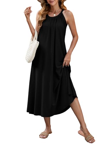 HAPYWER Maxi Sommerkleid Lässig Damen Strandkleid Lang mit Taschen Bikini Cover Up Kleid luftig Urlaub Strandponcho (Schwarz,XXL) von HAPYWER