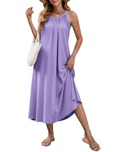 HAPYWER Maxi Sommerkleid Lässig Damen Strandkleid Lang mit Taschen Bikini Cover Up Kleid luftig Urlaub Strandponcho (Violett,L) von HAPYWER