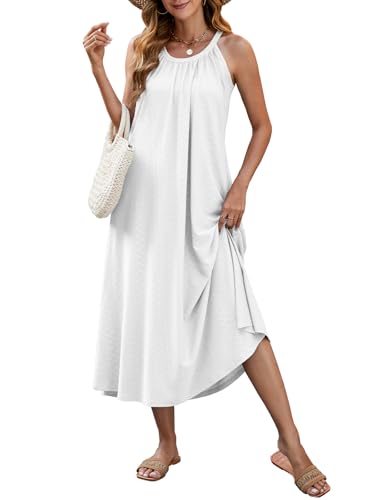 HAPYWER Maxi Sommerkleid Lässig Damen Strandkleid Lang mit Taschen Bikini Cover Up Kleid luftig Urlaub Strandponcho (Weiß,XXL) von HAPYWER