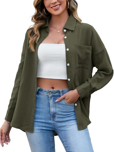 HAPYWER Musselin Bluse Damen Baumwolle Oversize-Bluse Langarm Longbluse Leichte Sommerbluse Locker Hemdbluse Modern Oberteile Langarmshirt Blusenshirt(Armeegrün,L) von HAPYWER