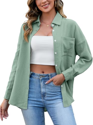 HAPYWER Musselin Bluse Damen Baumwolle Oversize-Bluse Langarm Longbluse Leichte Sommerbluse Locker Hemdbluse Modern Oberteile Langarmshirt Blusenshirt(Grün,XXL) von HAPYWER