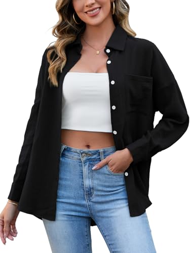 HAPYWER Musselin Bluse Damen Baumwolle Oversize-Bluse Langarm Longbluse Leichte Sommerbluse Locker Hemdbluse Modern Oberteile Langarmshirt Blusenshirt(Schwarz,L) von HAPYWER
