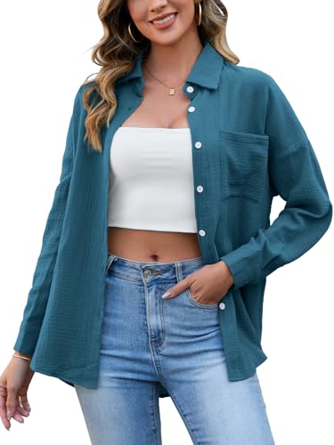 HAPYWER Musselin Bluse Damen Baumwolle Oversize-Bluse Langarm Longbluse Leichte Sommerbluse Locker Hemdbluse Modern Oberteile Langarmshirt Blusenshirt(Seeblau,L) von HAPYWER