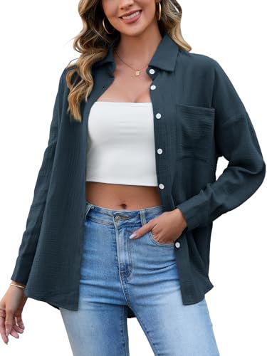 HAPYWER Musselin Bluse Damen Baumwolle Oversize-Bluse Langarm Longbluse Leichte Sommerbluse Locker Hemdbluse Modern Oberteile Langarmshirt Blusenshirt(TiefGrau,XXL) von HAPYWER