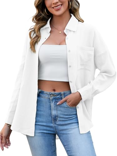 HAPYWER Musselin Bluse Damen Baumwolle Oversize-Bluse Langarm Longbluse Leichte Sommerbluse Locker Hemdbluse Modern Oberteile Langarmshirt Blusenshirt(Weiß,L) von HAPYWER
