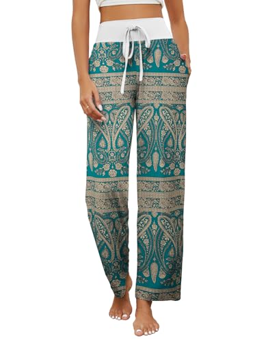 HAPYWER Pyjamahose Damen Lang Pyjamahose Stretch Weich Relaxhose Yogahose Weite Hosenbeine Lässig Schlafhose mit Taschen(Grün-2,M) von HAPYWER