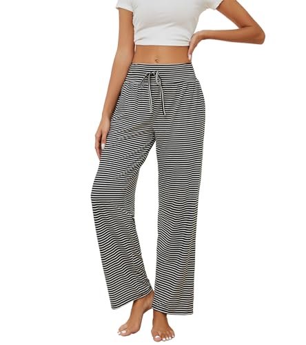 HAPYWER Schlafanzughose Damen Yogahose Lang Pyjamahose Weich Bequeme Lässig Weites Bein Straight Leg Freizeithose mit Taschen und Kordelzug für Frauen von HAPYWER