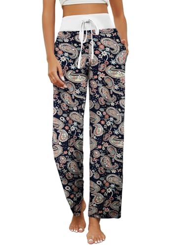 HAPYWER Schlafanzughose Damen Lang Pyjamahose Weich Nachtwäsche Lässig Weites Bein Straight Leg Freizeithose mit Taschen und Kordelzug für Frauen(Folk-Stil-1,M) von HAPYWER