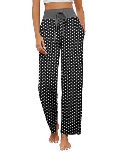HAPYWER Schlafanzughose Damen Lang Pyjamahose Weich Nachtwäsche Lässig Weites Bein Straight Leg Freizeithose mit Taschen und Kordelzug für Frauen(Polka Dot - Schwarz,) von HAPYWER