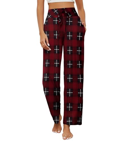 HAPYWER Schlafanzughose Damen Yogahose Lang Pyjamahose Weich Bequeme Lässig Weites Bein Straight Leg Freizeithose mit Taschen und Kordelzug für Frauen(5-WineRed,S) von HAPYWER