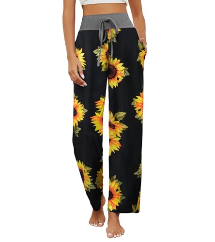 HAPYWER Schlafanzughose Damen Yogahose Lang Pyjamahose Weich Bequeme Lässig Weites Bein Straight Leg Freizeithose mit Taschen und Kordelzug für Frauen(Flower35,2XL) von HAPYWER