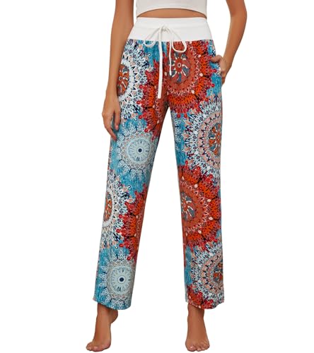 HAPYWER Schlafanzughose Damen Yogahose Lang Pyjamahose Weich Bequeme Lässig Weites Bein Straight Leg Freizeithose mit Taschen und Kordelzug für Frauen(Flower37,2XL) von HAPYWER