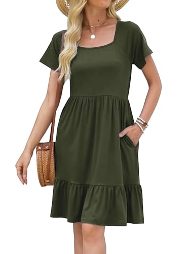 HAPYWER Sommerkleider Damen Kurzarm Quadratischer Ausschnitt Kleid A-Linie Kleider Knielang Casual Strandkleider Mit Taschen von HAPYWER