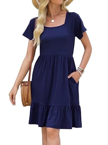 HAPYWER Sommerkleider Damen Kurzarm Quadratischer Ausschnitt Kleid A-Linie Kleider Knielang Casual Strandkleider Mit Taschen von HAPYWER