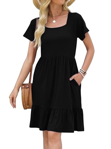 HAPYWER Sommerkleider Damen Kurzarm Quadratischer Ausschnitt Kleid A-Linie Kleider Knielang Casual Strandkleider Mit Taschen von HAPYWER