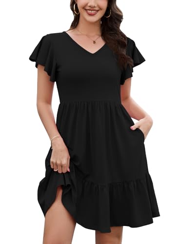 HAPYWER Sommerkleid Damen Leicht Midi Strandkleid V-Ausschnitt Kleider Sommer A-Linie Boho Blumen Kleid Kurzarm Freizeitkleid Kurz Mit Tasche(Schwarz,XXL) von HAPYWER