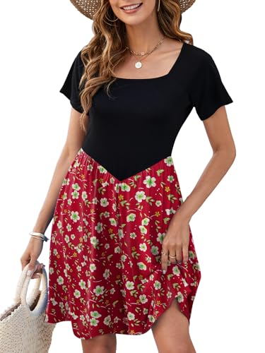 HAPYWER Sommerkleid Damen V Taille mit Raglanärmeln Modisch Kurzarm Patchworkkleid Knielange Kleider Elegante Strandkleider Mit Taschen von HAPYWER