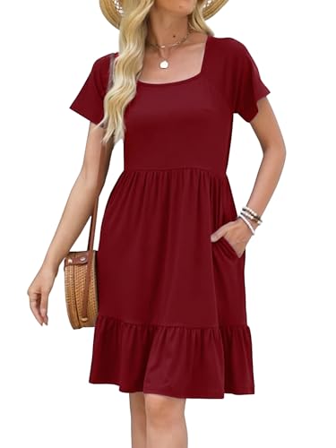HAPYWER Sommerkleider Damen Kurzarm Quadratischer Ausschnitt Kleid A-Linie Kleider Knielang Casual Strandkleider Mit Taschen von HAPYWER