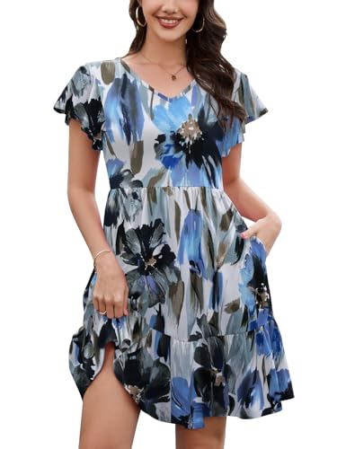HAPYWER Sommerkleider Damen Leicht und Luftig V-Ausschnitt Midi Kleid mit Rüschen Ärmel Kurzarm Blumen Kleid mit Tasche von HAPYWER