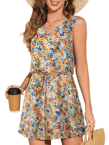 HAPYWER Strandkleid Ärmellos Damen V-Ausschnitt Leichtes Sommerkleid Luftig Minikleid mit Taschen(A-Orange38,XXXL) von HAPYWER