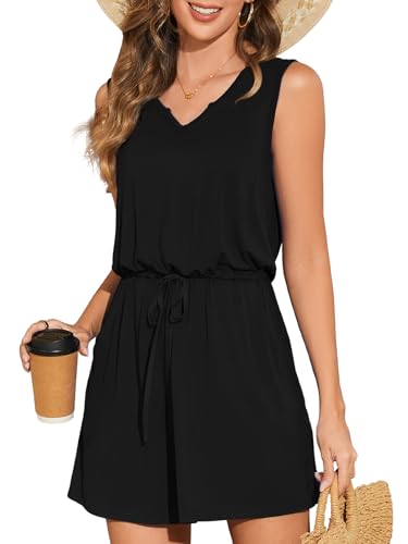 HAPYWER Strandkleid Ärmellos Damen V-Ausschnitt Leichtes Sommerkleid Luftig Minikleid mit Taschen(Schwarz,XXXL) von HAPYWER